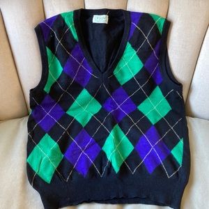 United Colors Of Benetton Black, Green, and Purple Argyle Sweater Vest